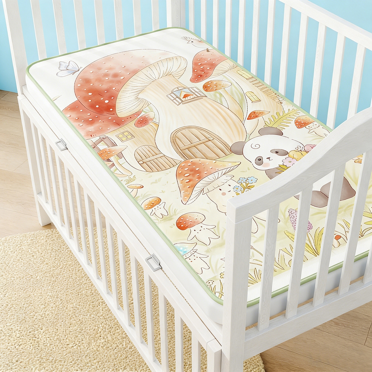 91家纺网 家纺一手货源 找家纺 家品罗兰 2026春夏新款数码印花婴儿床冰丝席-水光冰丝系列 蘑菇城堡