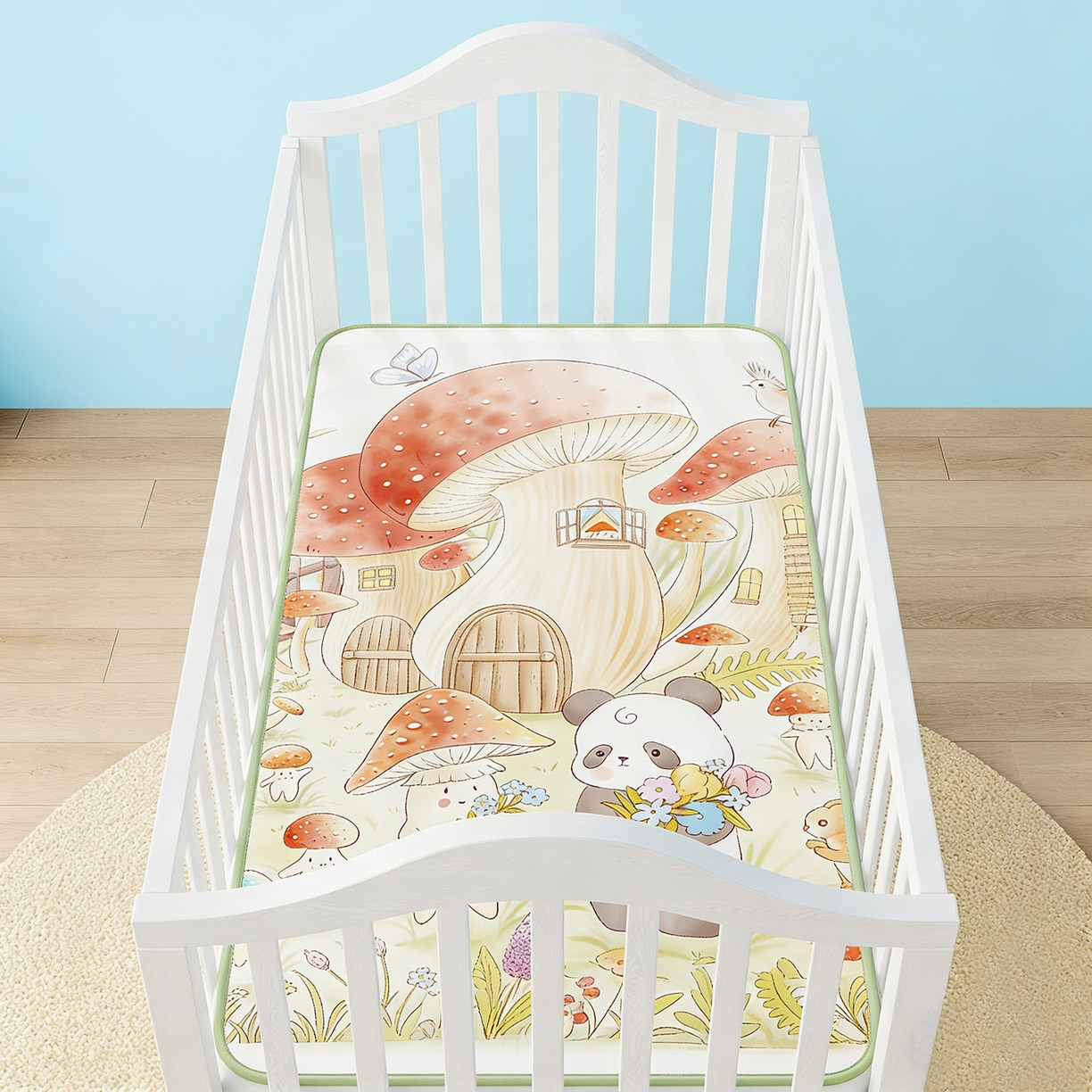 91家纺网 家纺一手货源 找家纺 家品罗兰 2026春夏新款数码印花婴儿床冰丝席-水光冰丝系列 蘑菇城堡