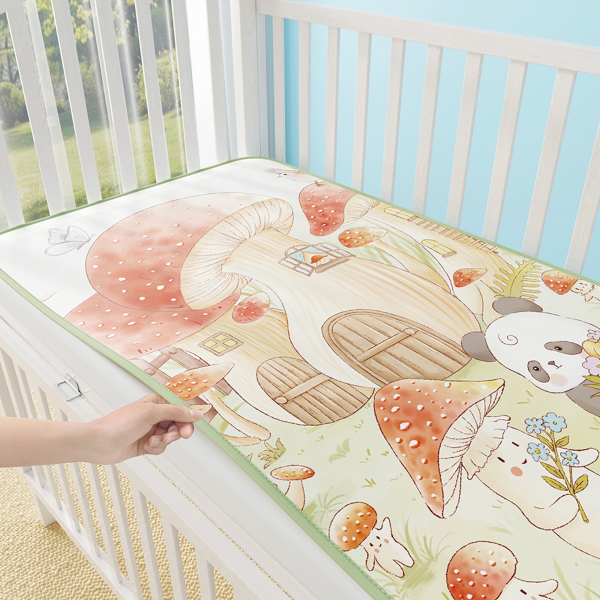 91家纺网 家纺一手货源 找家纺 家品罗兰 2026春夏新款数码印花婴儿床冰丝席-水光冰丝系列 蘑菇城堡