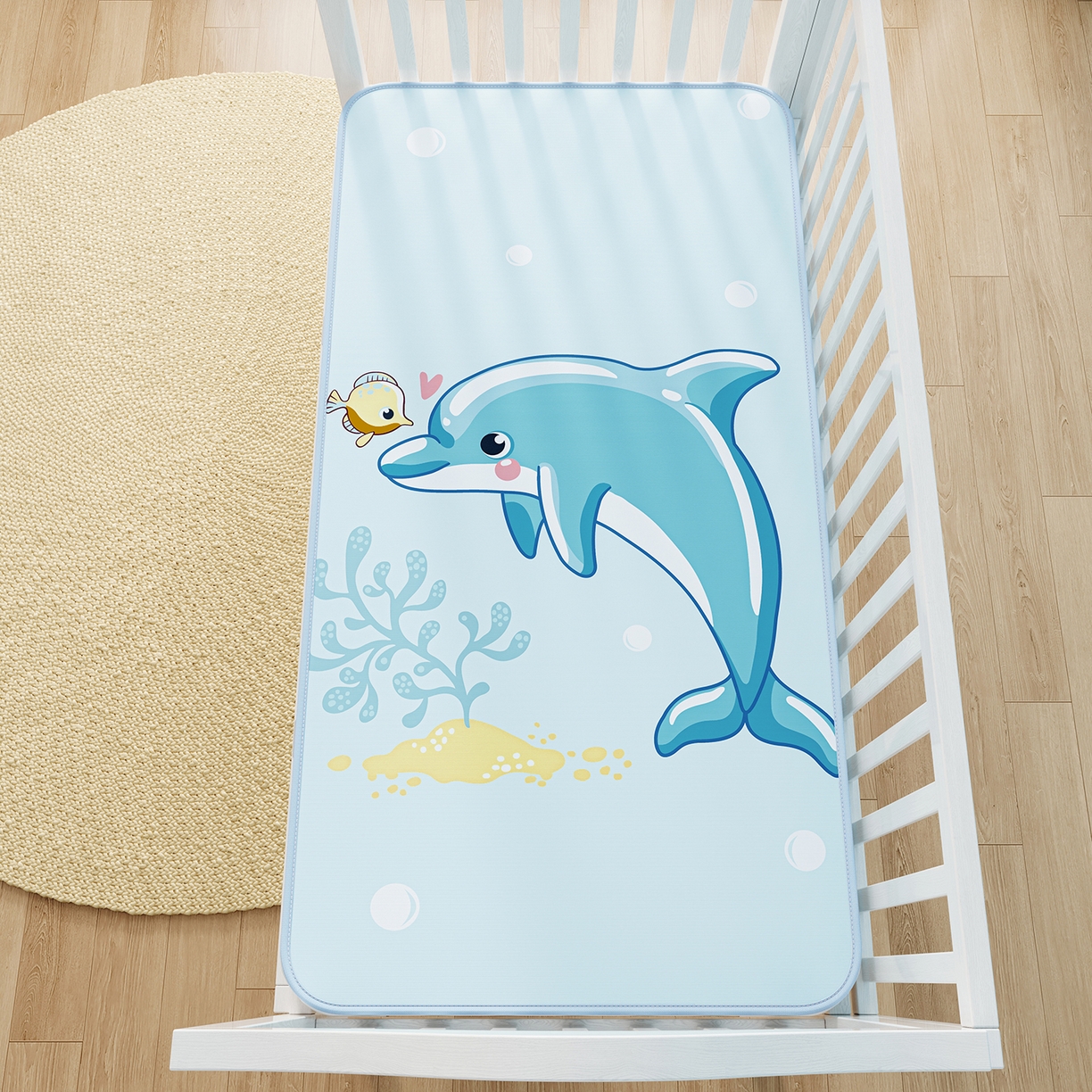 91家纺网 家纺一手货源 找家纺 家品罗兰 2026春夏新款数码印花婴儿床冰丝席-水光冰丝系列 海豚奇遇