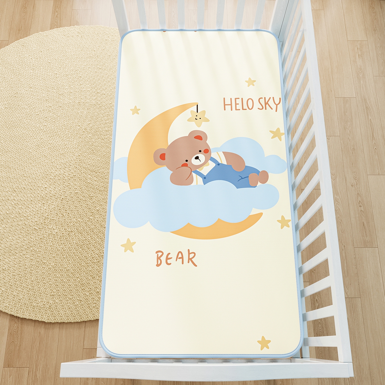 91家纺网 家纺一手货源 找家纺 家品罗兰 2026春夏新款数码印花婴儿床冰丝席-水光冰丝系列 月亮熊