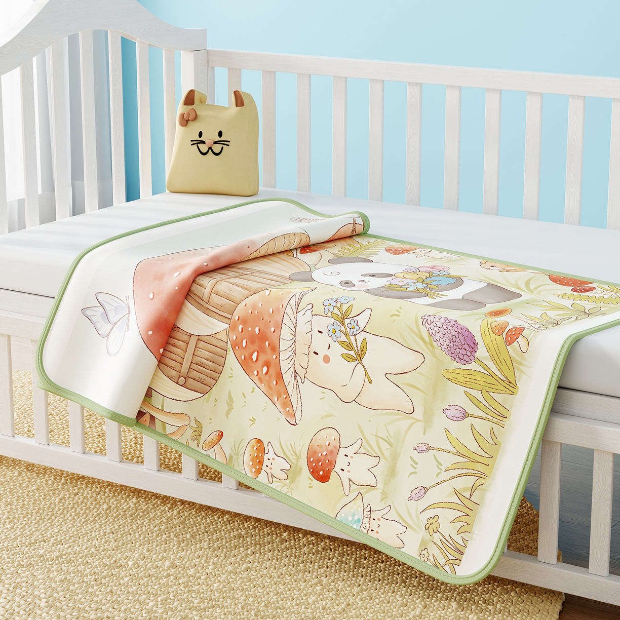 91家纺网 家纺一手货源 找家纺 家品罗兰 2026春夏新款数码印花婴儿床冰丝席-水光冰丝系列 蘑菇城堡