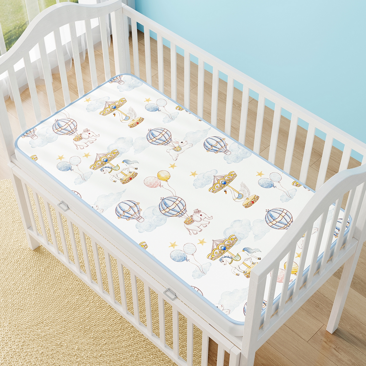 91家纺网 家纺一手货源 找家纺 家品罗兰 2026春夏新款数码印花婴儿床冰丝席-水光冰丝系列 萌象木马