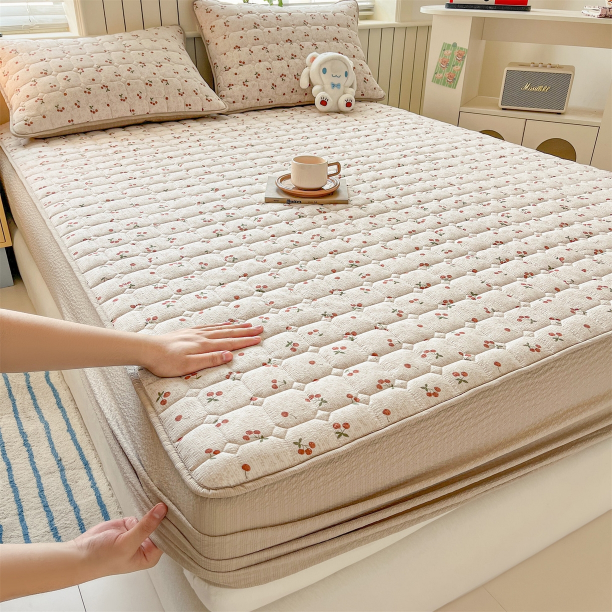 优眠坊 2026新款亲肤泡芙纱夹棉单床笠床笠单件单品床笠三件套 樱桃心事-夹棉款