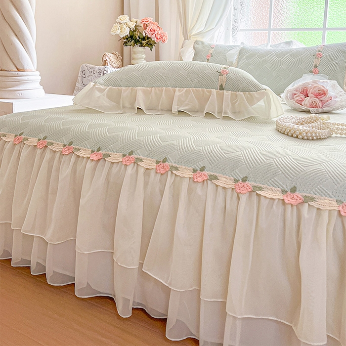 91家纺网 家纺一手货源 找家纺 瑞宝 2026新款负离子冰岛丝花边床裙款凉席席子三件套-莉莉安 莉莉安-薄荷绿