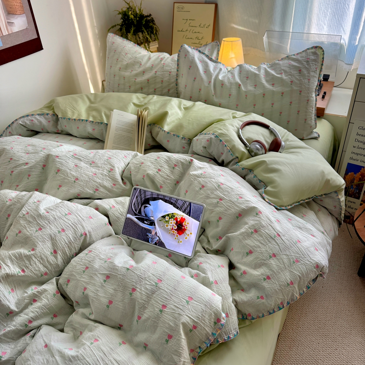 91家纺网 家纺一手货源 找家纺 田野 2026新款全棉水洗提花贝壳边四件套 青郁小朵