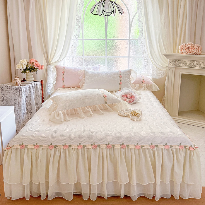 瑞宝 2026新款负离子冰岛丝花边床裙款凉席席子三件套-莉莉安 莉莉安-奶油白