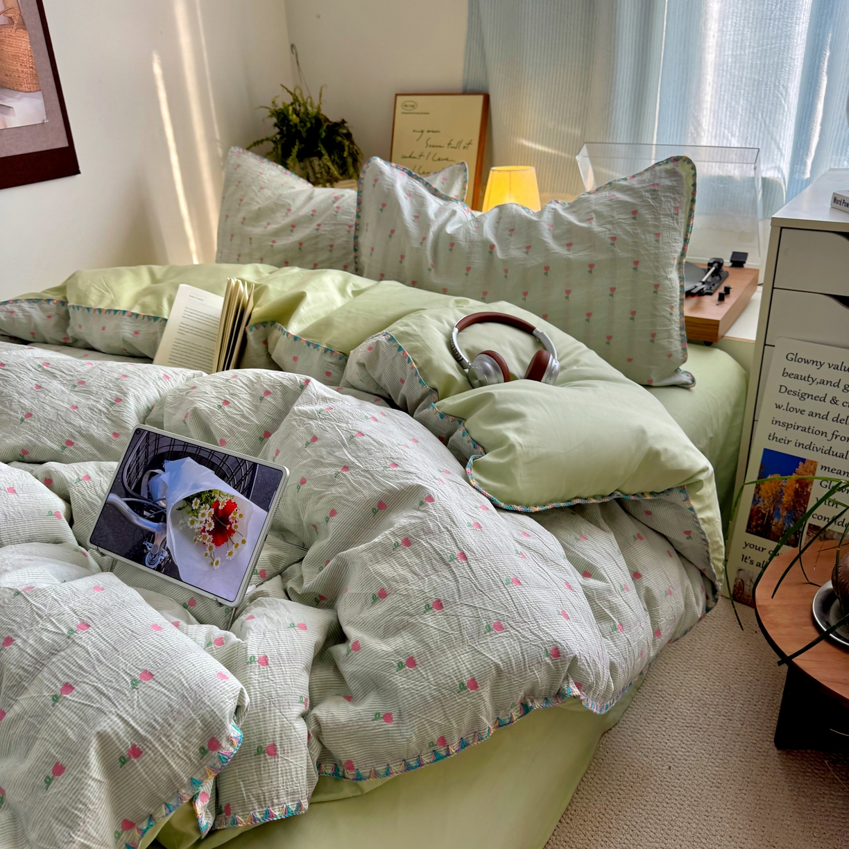 91家纺网 家纺一手货源 找家纺 田野 2026新款全棉水洗提花贝壳边四件套 青郁小朵