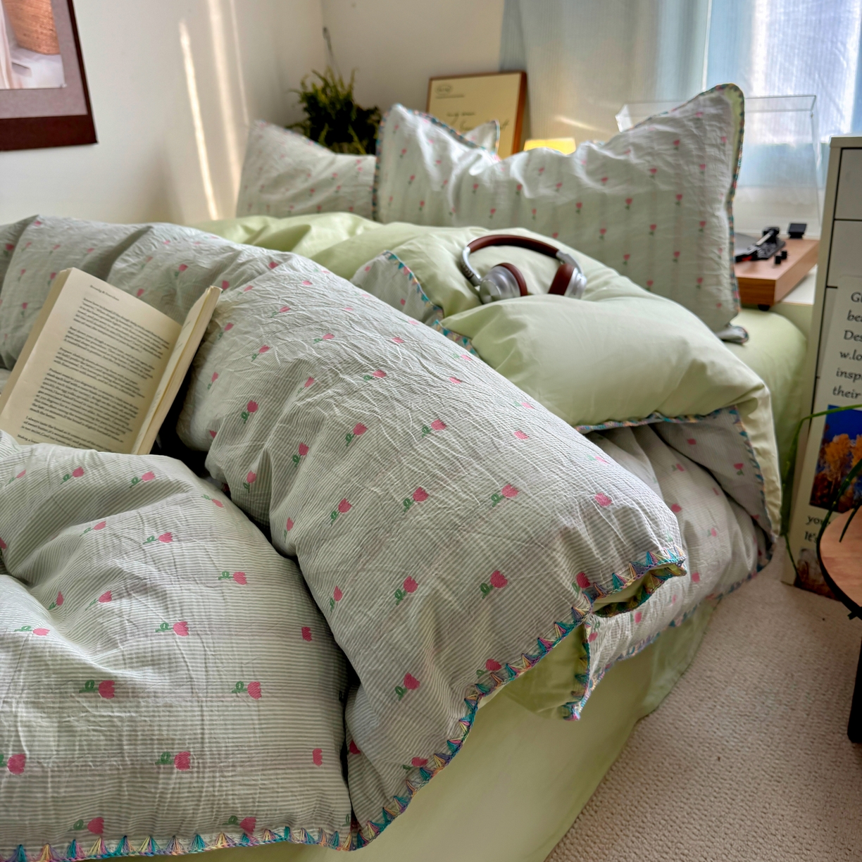 91家纺网 家纺一手货源 找家纺 田野 2026新款全棉水洗提花贝壳边四件套 青郁小朵