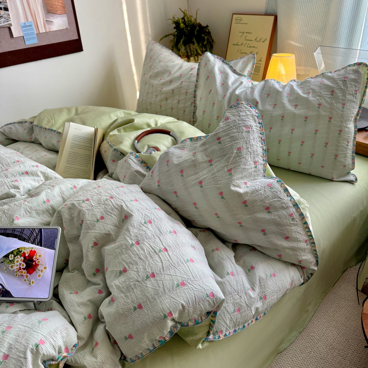 91家纺网 家纺一手货源 找家纺 田野 2026新款全棉水洗提花贝壳边四件套 青郁小朵