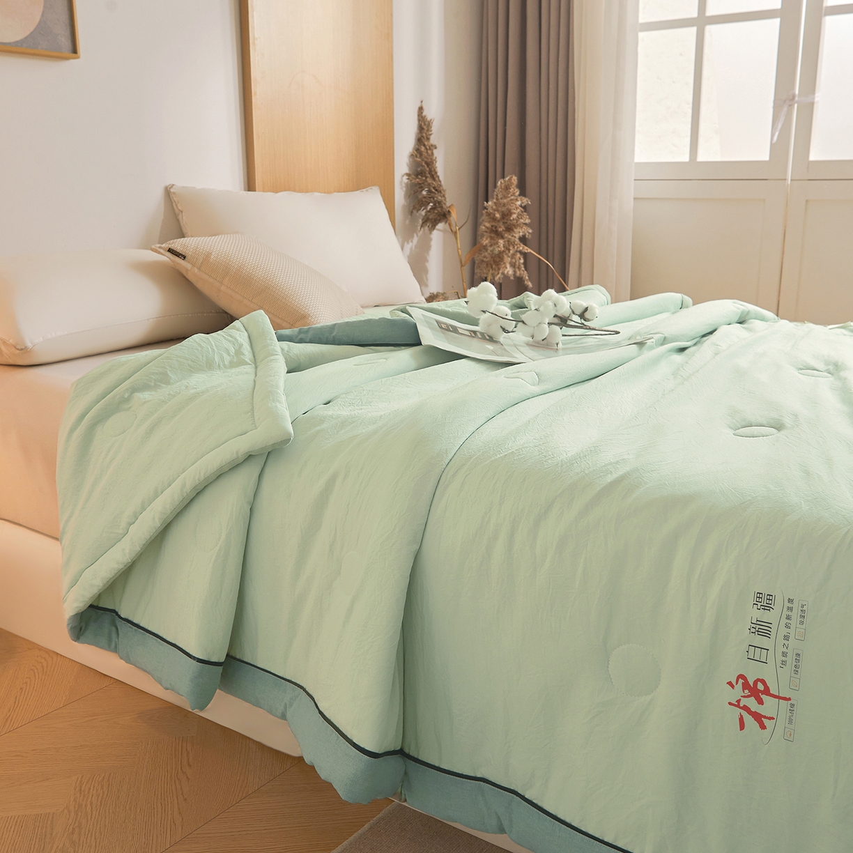 91家纺网 家纺一手货源 找家纺 创优家纺 2026新款新疆棉花夏被无印风纯色100%新疆棉夏凉被空调被棉花夏被棉花被子百分百新疆棉可水洗/可机洗棉花被（专版烫画 盗版必究） 棉朵-清新绿