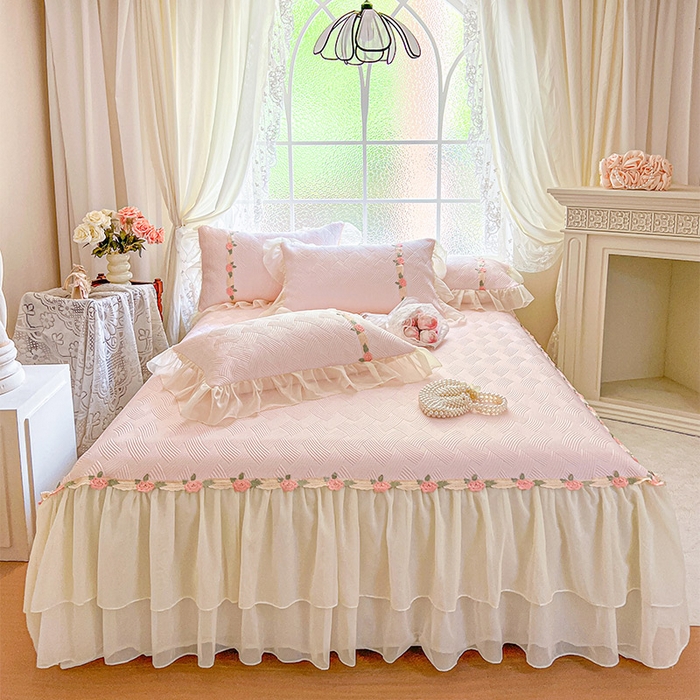 瑞宝 2026新款负离子冰岛丝花边床裙款凉席席子三件套-莉莉安 莉莉安-蜜粉