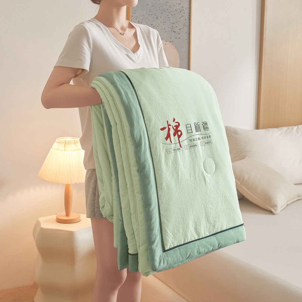 91家纺网 家纺一手货源 找家纺 创优家纺 2026新款新疆棉花夏被无印风纯色100%新疆棉夏凉被空调被棉花夏被棉花被子百分百新疆棉可水洗/可机洗棉花被（专版烫画 盗版必究） 棉朵-清新绿