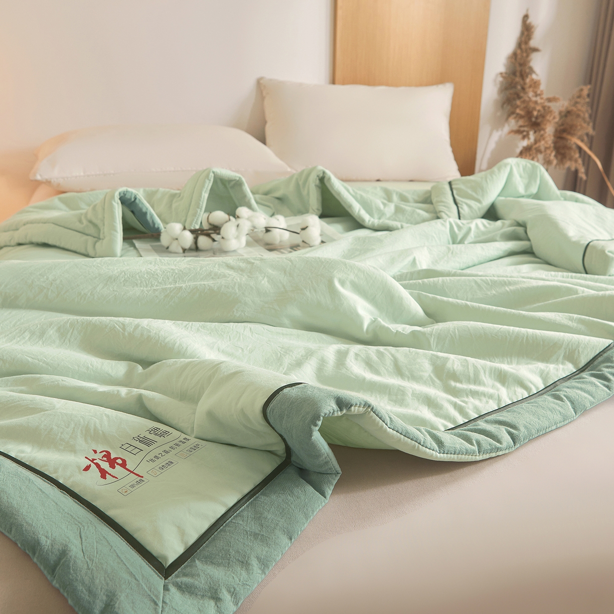 91家纺网 家纺一手货源 找家纺 创优家纺 2026新款新疆棉花夏被无印风纯色100%新疆棉夏凉被空调被棉花夏被棉花被子百分百新疆棉可水洗/可机洗棉花被（专版烫画 盗版必究） 棉朵-清新绿