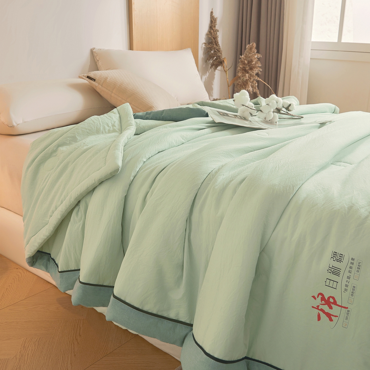 91家纺网 家纺一手货源 找家纺 创优家纺 2026新款新疆棉花夏被无印风纯色100%新疆棉夏凉被空调被棉花夏被棉花被子百分百新疆棉可水洗/可机洗棉花被（专版烫画 盗版必究） 棉朵-清新绿