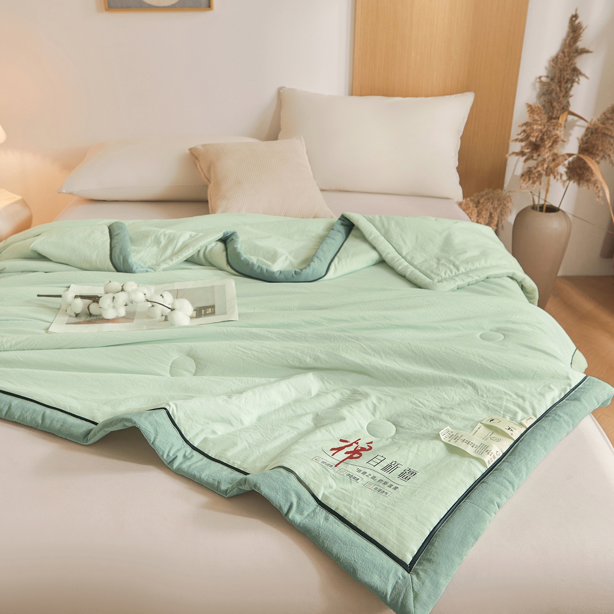 91家纺网 家纺一手货源 找家纺 创优家纺 2026新款新疆棉花夏被无印风纯色100%新疆棉夏凉被空调被棉花夏被棉花被子百分百新疆棉可水洗/可机洗棉花被（专版烫画 盗版必究） 棉朵-清新绿
