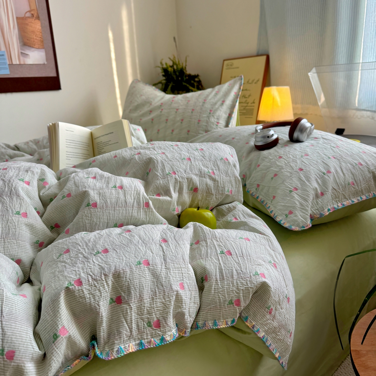 91家纺网 家纺一手货源 找家纺 田野 2026新款全棉水洗提花贝壳边四件套 青郁小朵