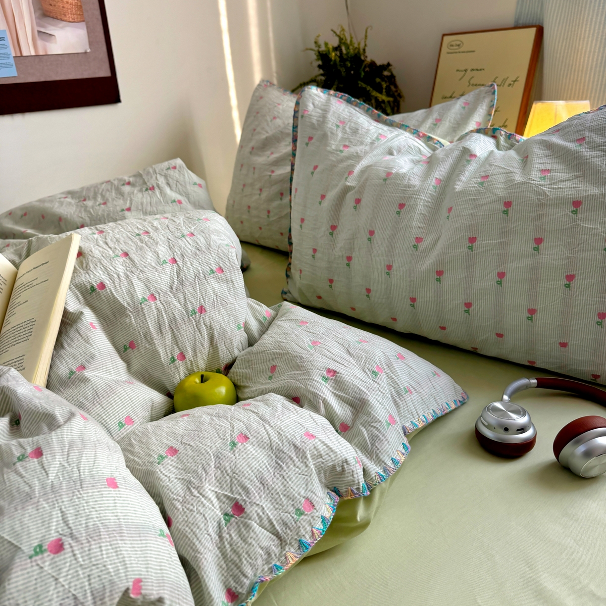 91家纺网 家纺一手货源 找家纺 田野 2026新款全棉水洗提花贝壳边四件套 青郁小朵