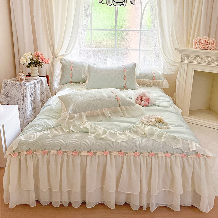 瑞宝 2026新款负离子冰岛丝花边床裙款凉席夏被夏凉被空调被四件套-莉莉安 莉莉安-薄荷绿