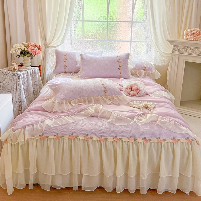 瑞宝 2026新款负离子冰岛丝花边床裙款凉席夏被夏凉被空调被四件套-莉莉安 莉莉安-梦幻紫