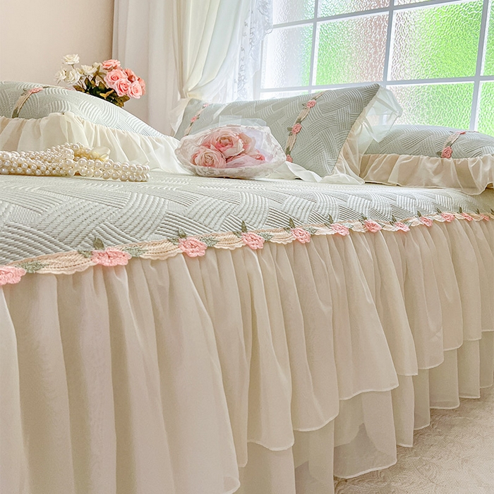 91家纺网 家纺一手货源 找家纺 瑞宝 2026新款负离子冰岛丝花边床裙款凉席夏被夏凉被空调被四件套-莉莉安 莉莉安-薄荷绿