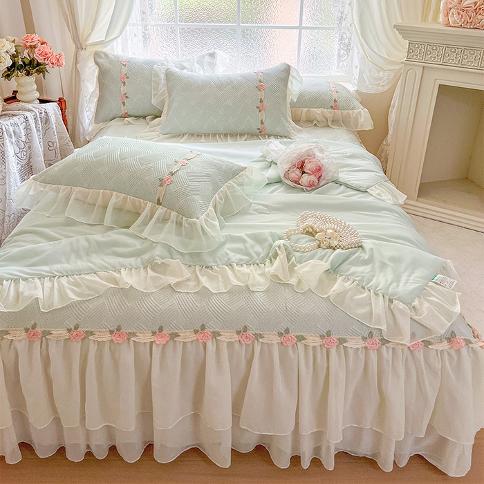 91家纺网 家纺一手货源 找家纺 瑞宝 2026新款负离子冰岛丝花边床裙款凉席夏被夏凉被空调被四件套-莉莉安 莉莉安-薄荷绿