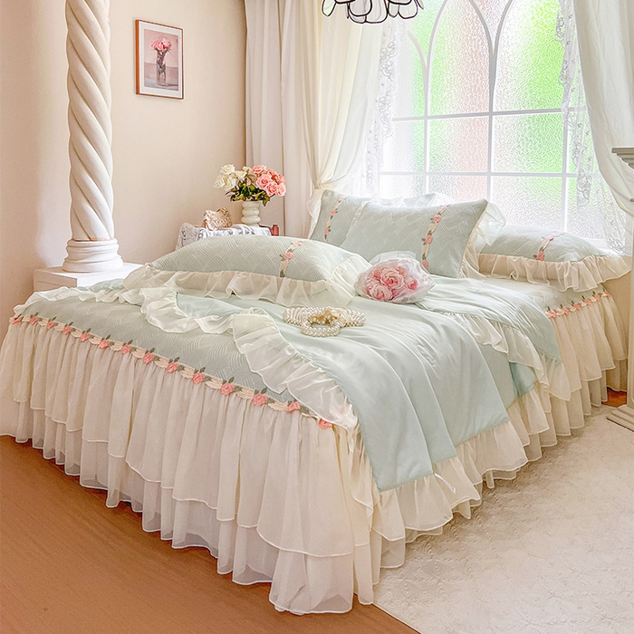 91家纺网 家纺一手货源 找家纺 瑞宝 2026新款负离子冰岛丝花边床裙款凉席夏被夏凉被空调被四件套-莉莉安 莉莉安-薄荷绿