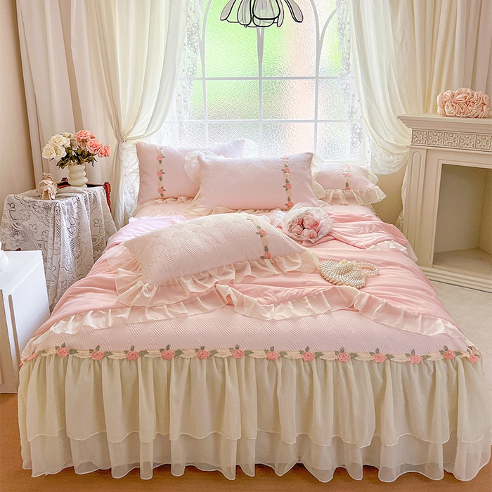 瑞宝 2026新款负离子冰岛丝花边床裙款凉席夏被夏凉被空调被四件套-莉莉安 莉莉安-蜜粉