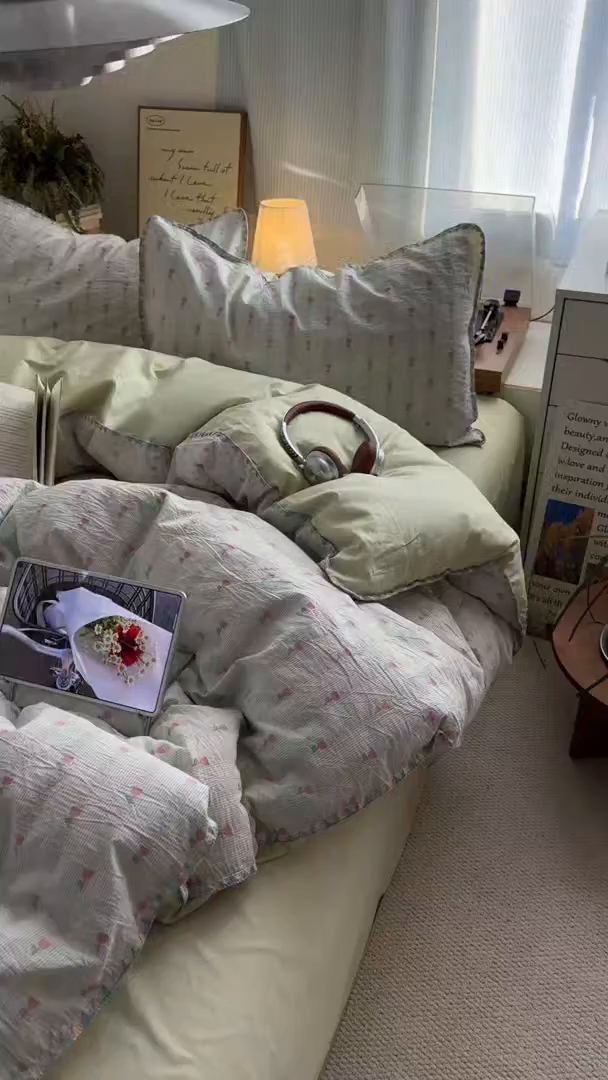 91家纺网 家纺一手货源 找家纺 田野 2026新款全棉水洗提花贝壳边四件套 青郁小朵