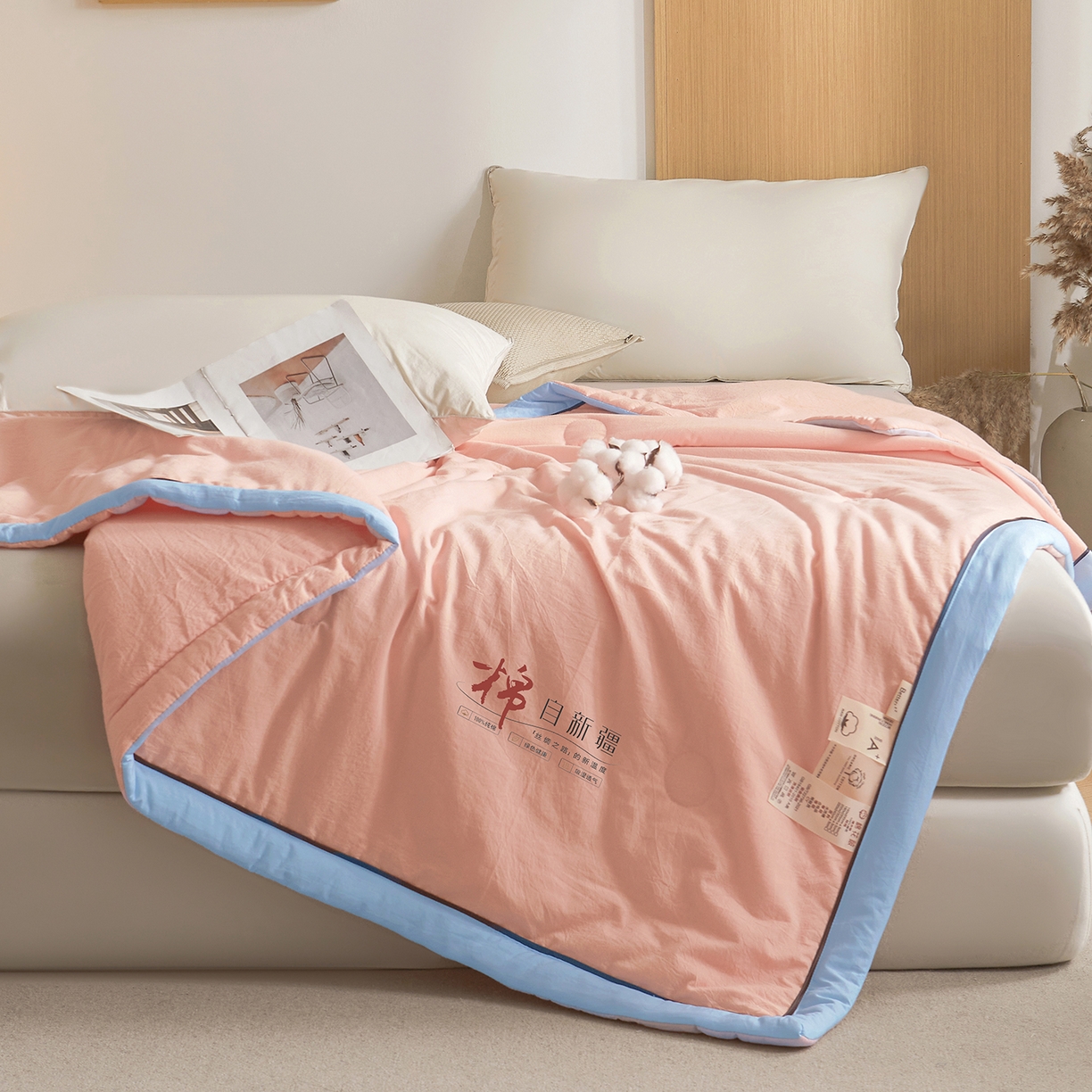 91家纺网 家纺一手货源 找家纺 创优家纺 2026新款新疆棉花夏被无印风纯色100%新疆棉夏凉被空调被棉花夏被棉花被子百分百新疆棉可水洗/可机洗棉花被（专版烫画 盗版必究） 棉朵-粉色