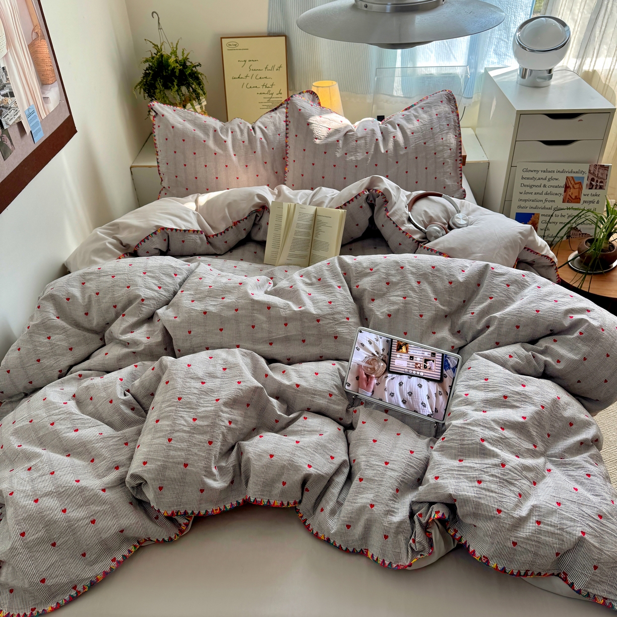 田野 2026新款全棉水洗提花贝壳边四件套 桃心