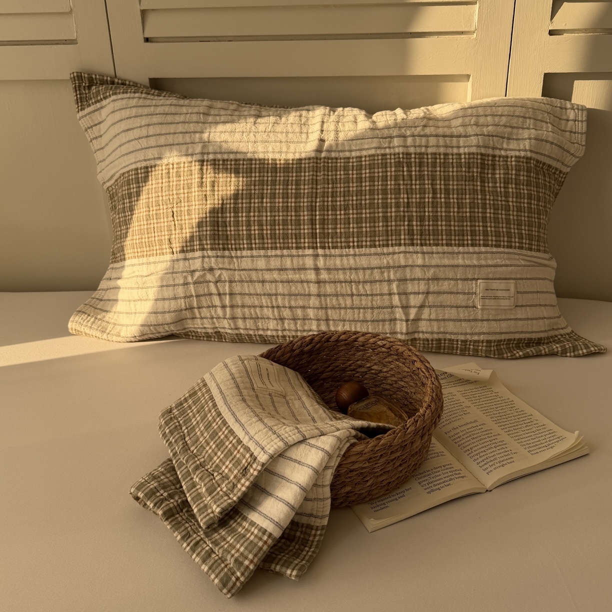 百寐 2026百分百全棉A类色织枕巾52*75条纹格子美拉德色系纯棉吸汗枕巾风格二 色织-双拼米格