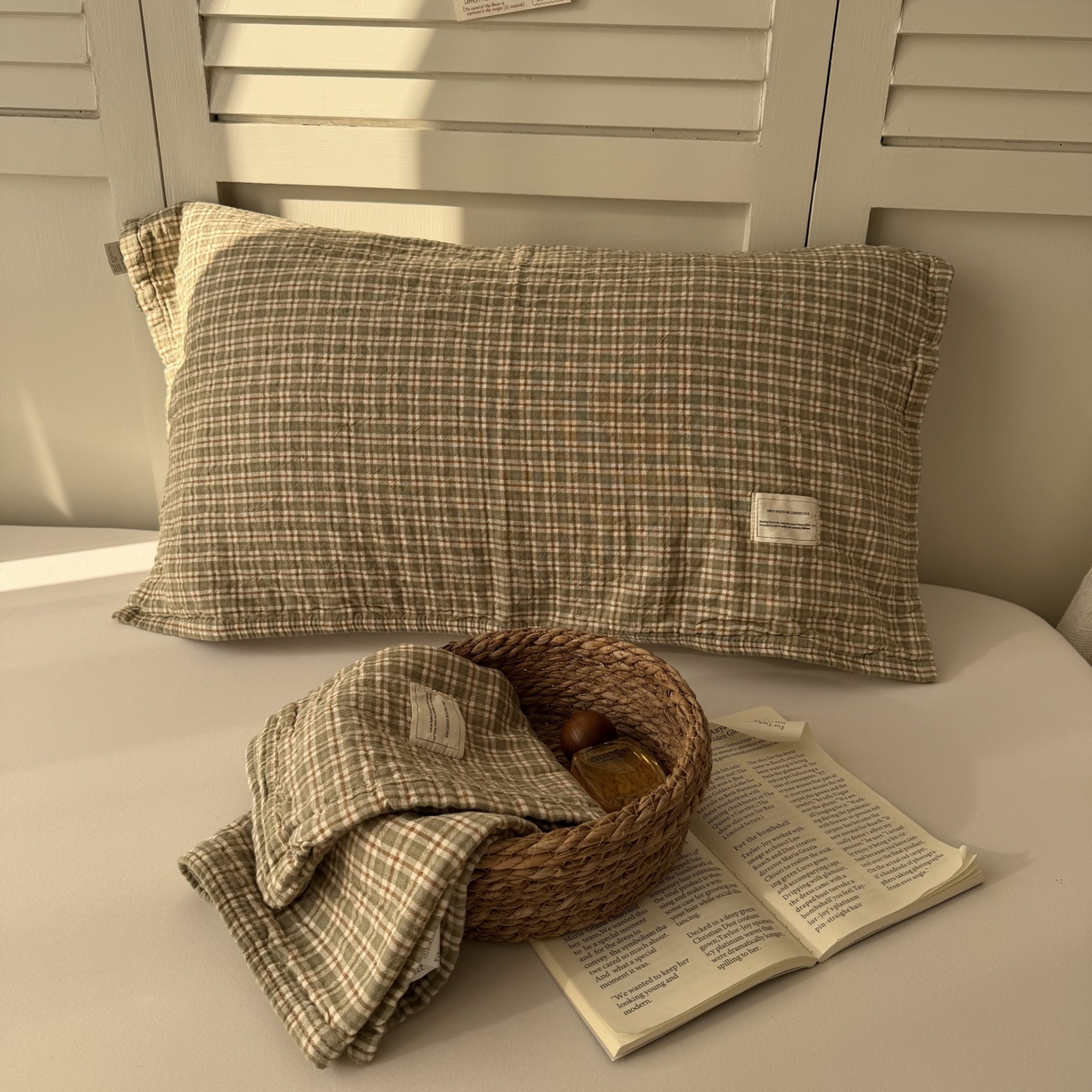 百寐 2026百分百全棉A类色织枕巾52*75条纹格子美拉德色系纯棉吸汗枕巾风格二 色织-浅绿格