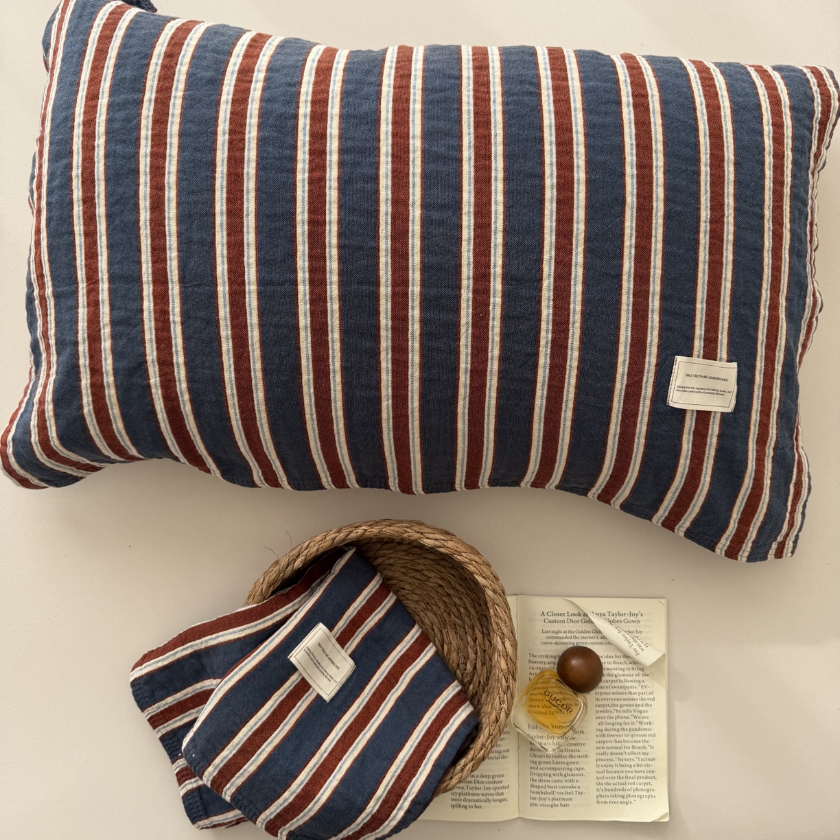 百寐 2026百分百全棉A类色织枕巾52*75条纹格子美拉德色系纯棉吸汗枕巾风格二 色织-蓝条