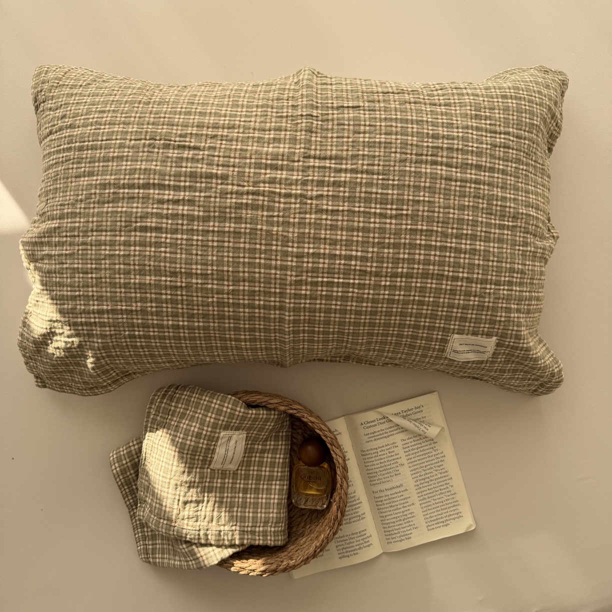 91家纺网 家纺一手货源 找家纺 百寐 2026百分百全棉A类色织枕巾52*75条纹格子美拉德色系纯棉吸汗枕巾风格二 色织-浅绿格