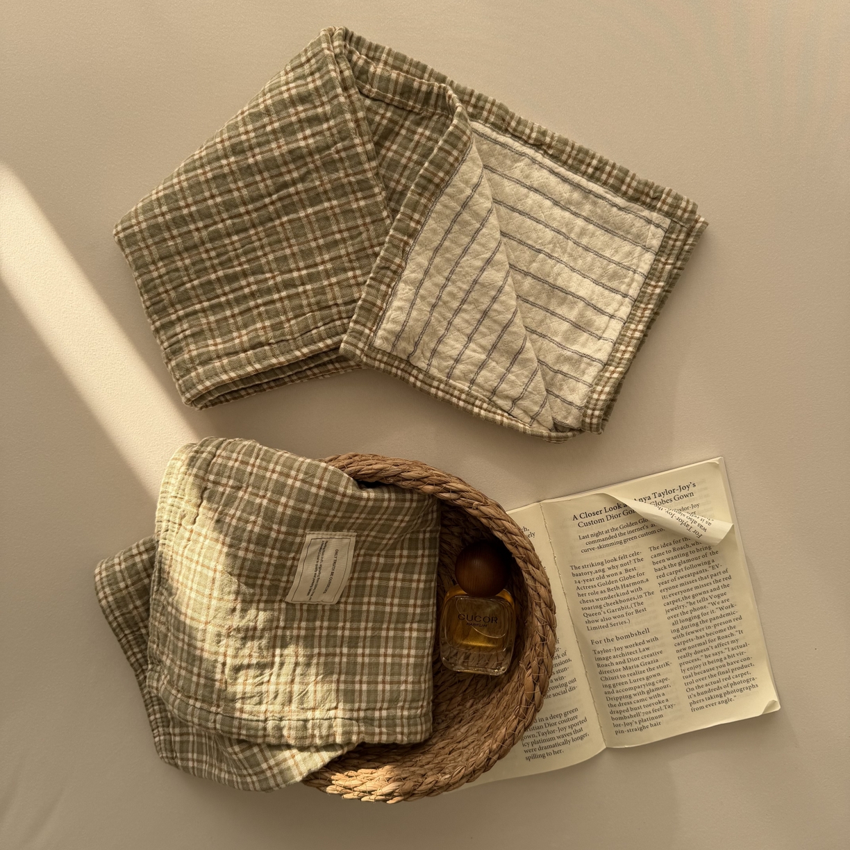 91家纺网 家纺一手货源 找家纺 百寐 2026百分百全棉A类色织枕巾52*75条纹格子美拉德色系纯棉吸汗枕巾风格二 色织-浅绿格