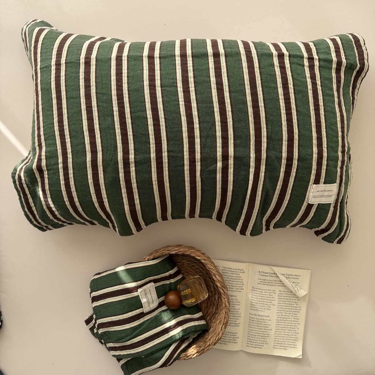 91家纺网 家纺一手货源 找家纺 百寐 2026百分百全棉A类色织枕巾52*75条纹格子美拉德色系纯棉吸汗枕巾风格二 色织-绿条