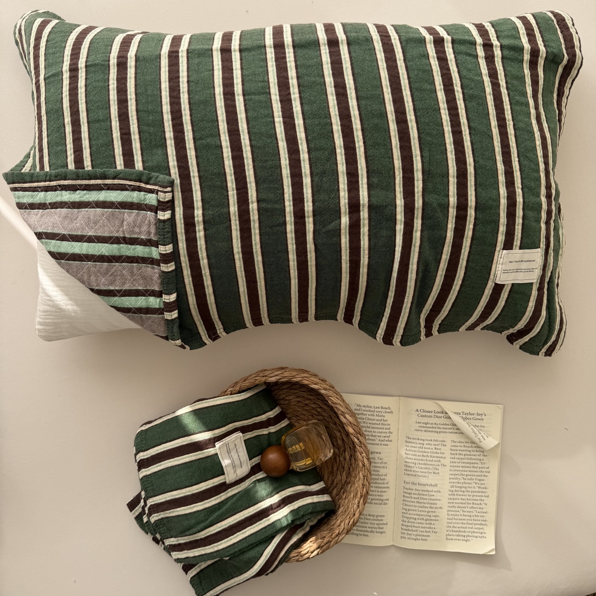 91家纺网 家纺一手货源 找家纺 百寐 2026百分百全棉A类色织枕巾52*75条纹格子美拉德色系纯棉吸汗枕巾风格二 色织-绿条