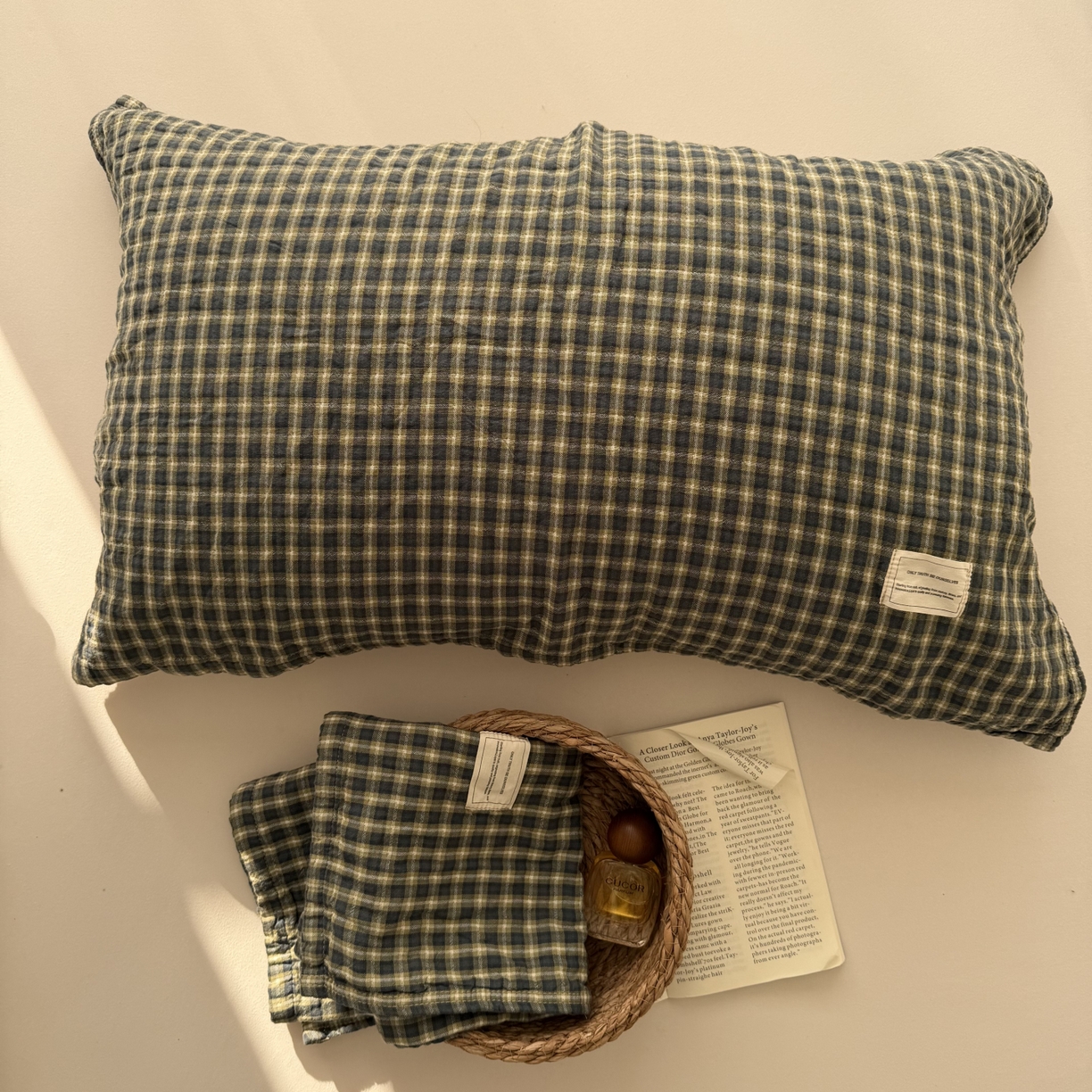 百寐 2026百分百全棉A类色织枕巾52*75条纹格子美拉德色系纯棉吸汗枕巾风格二 色织-绿格