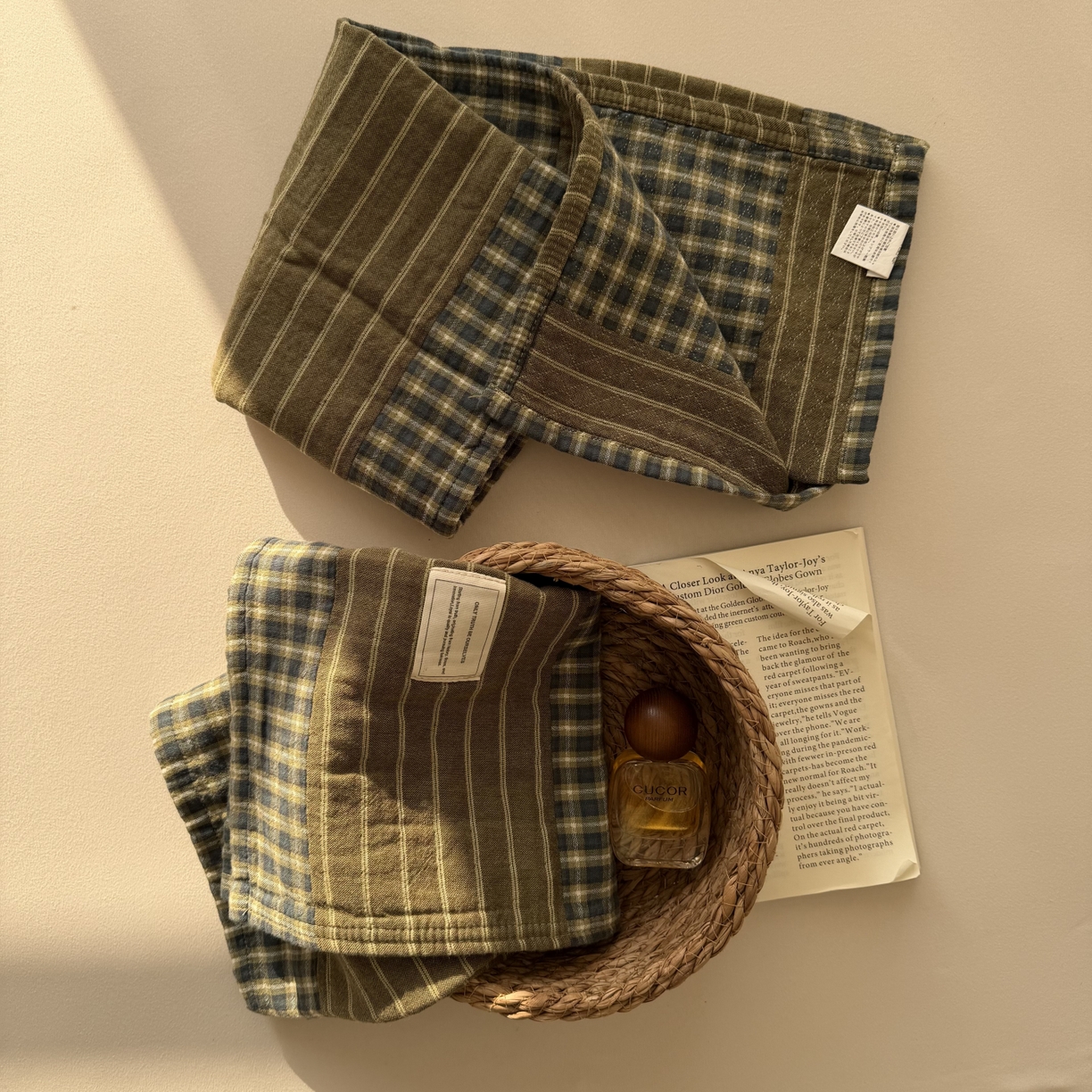 91家纺网 家纺一手货源 找家纺 百寐 2026百分百全棉A类色织枕巾52*75条纹格子美拉德色系纯棉吸汗枕巾风格二 色织-双拼绿格