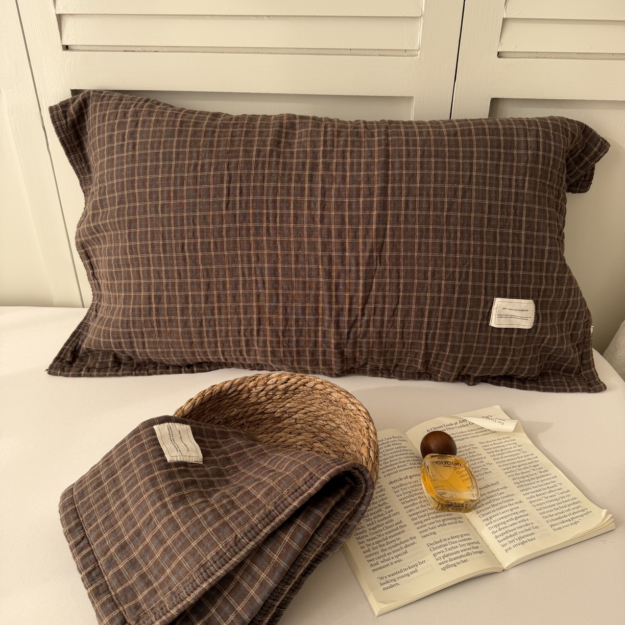 百寐 2026百分百全棉A类色织枕巾52*75条纹格子美拉德色系纯棉吸汗枕巾风格二 色织-深咖格