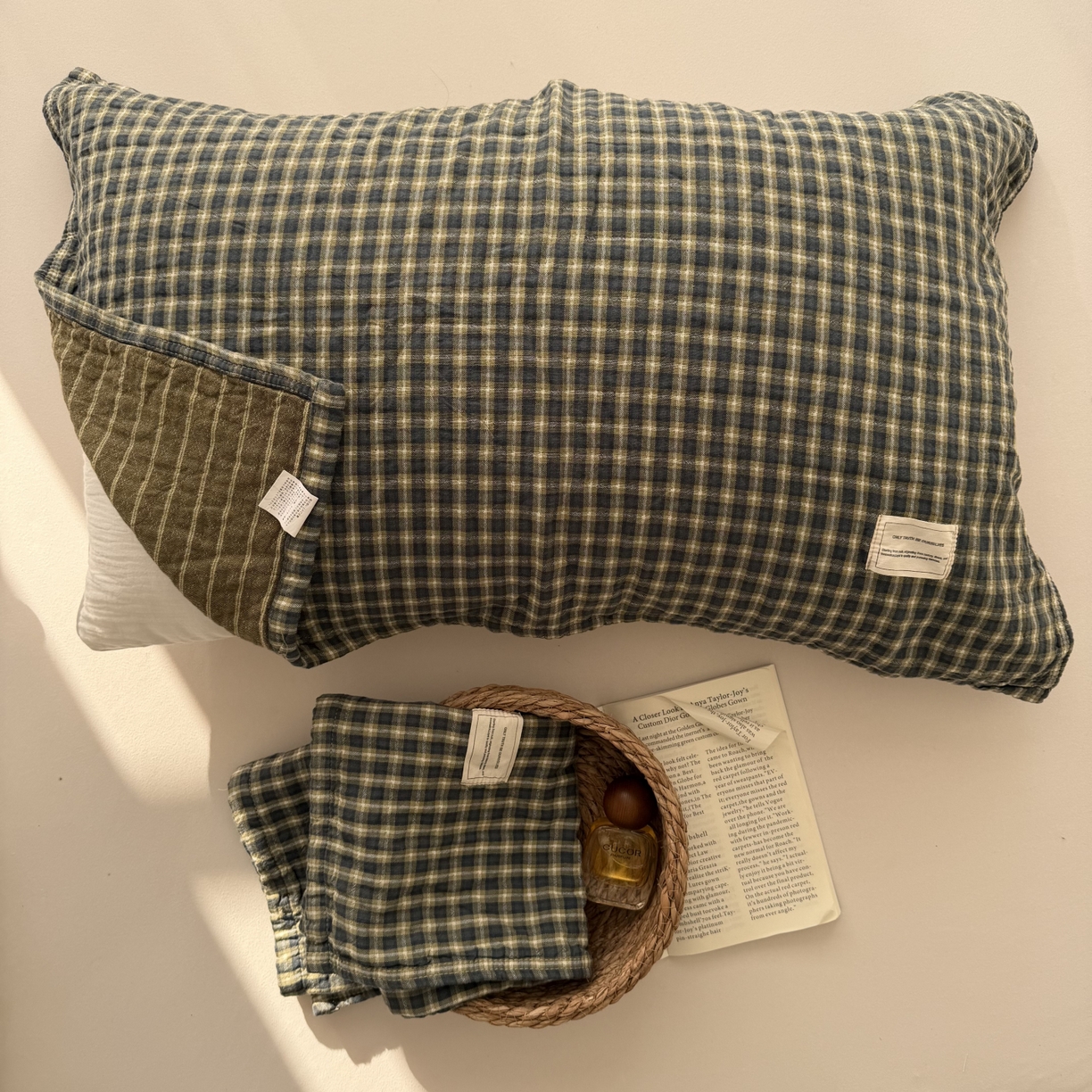 91家纺网 家纺一手货源 找家纺 百寐 2026百分百全棉A类色织枕巾52*75条纹格子美拉德色系纯棉吸汗枕巾风格二 色织-绿格