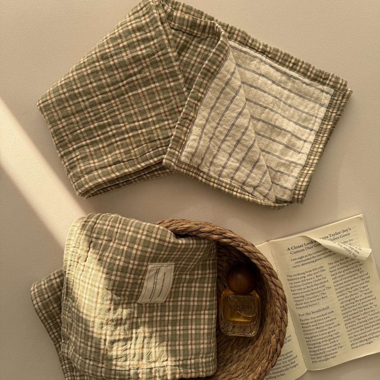 91家纺网 家纺一手货源 找家纺 百寐 2026百分百全棉A类色织枕巾52*75条纹格子美拉德色系纯棉吸汗枕巾风格二 色织-浅绿格