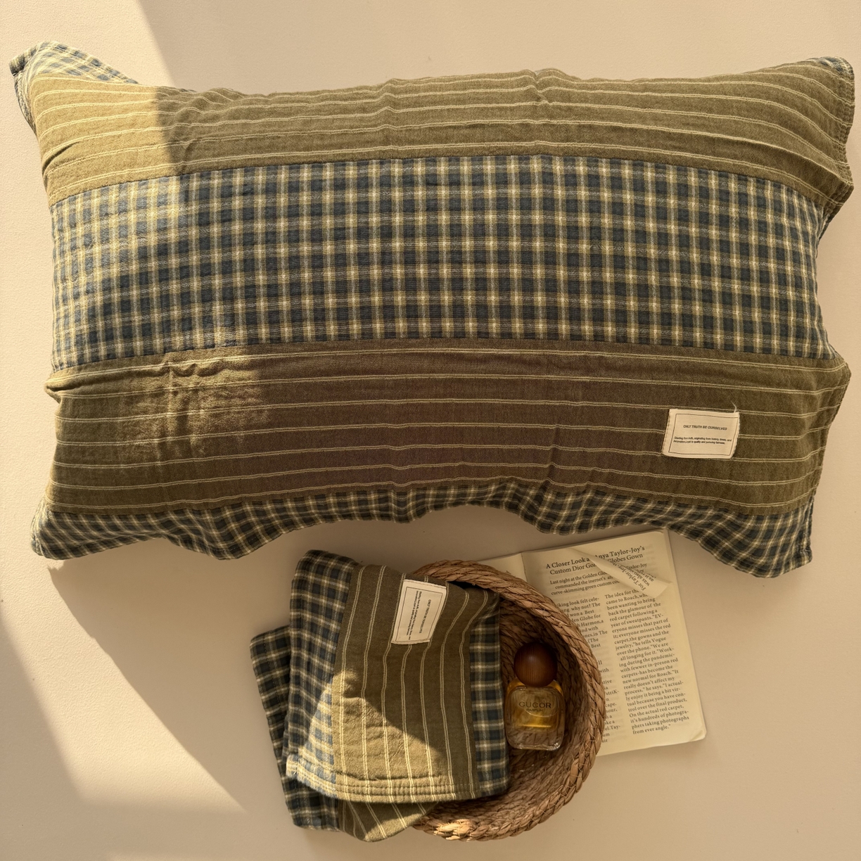 91家纺网 家纺一手货源 找家纺 百寐 2026百分百全棉A类色织枕巾52*75条纹格子美拉德色系纯棉吸汗枕巾风格二 色织-双拼绿格