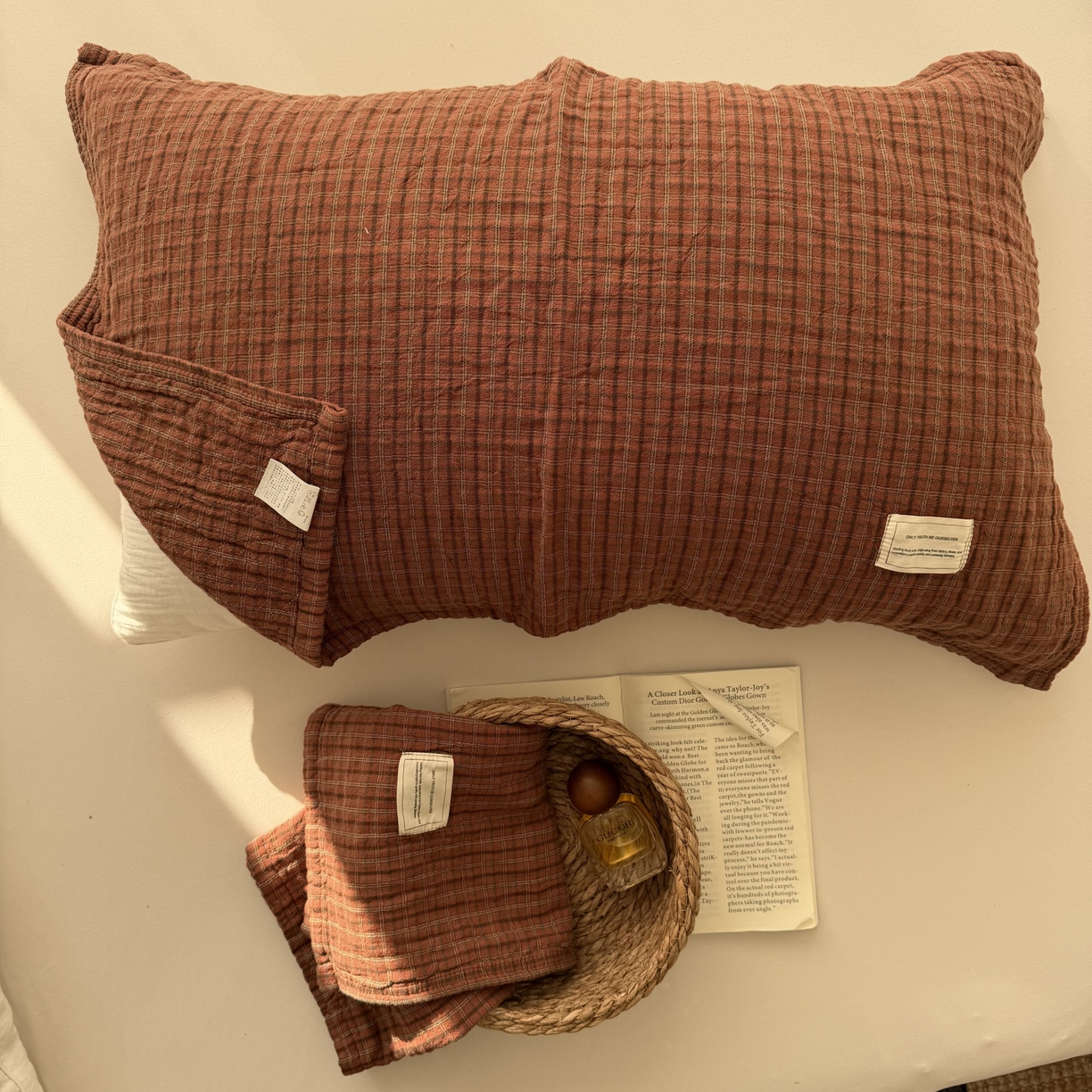 91家纺网 家纺一手货源 找家纺 百寐 2026百分百全棉A类色织枕巾52*75条纹格子美拉德色系纯棉吸汗枕巾风格二 色织-红格