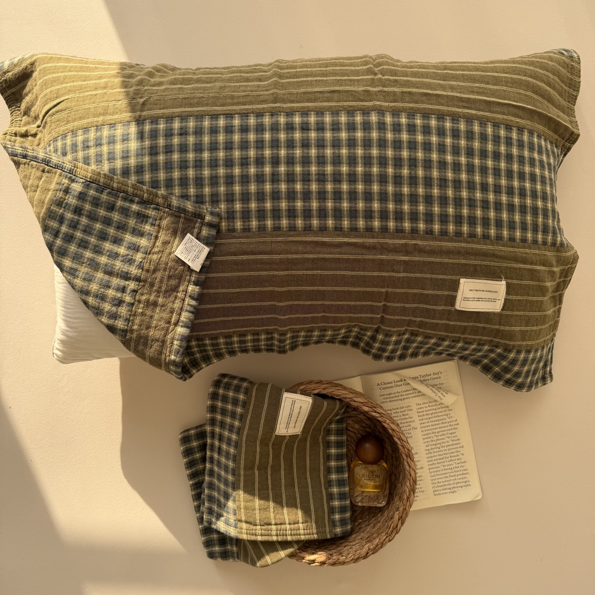 91家纺网 家纺一手货源 找家纺 百寐 2026百分百全棉A类色织枕巾52*75条纹格子美拉德色系纯棉吸汗枕巾风格二 色织-双拼绿格