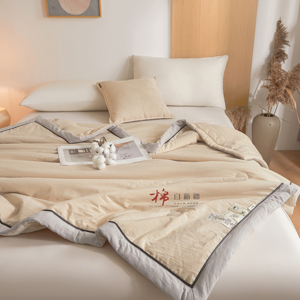 91家纺网 家纺一手货源 找家纺 创优家纺 2026新款新疆棉花夏被无印风纯色100%新疆棉夏凉被空调被棉花夏被棉花被子百分百新疆棉可水洗/可机洗棉花被（专版烫画 盗版必究） 棉朵-卡其