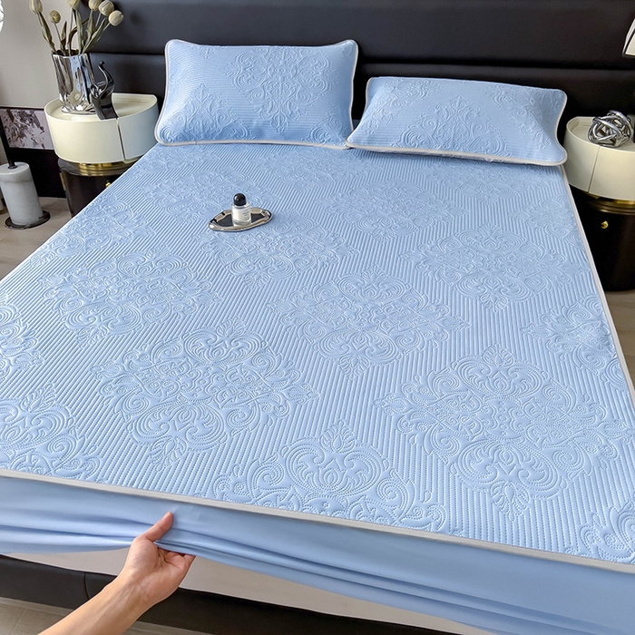 91家纺网 家纺一手货源 找家纺 乐家欣 2026新款凉感欧式夏被床笠四件套 欧式床笠-宾利蓝