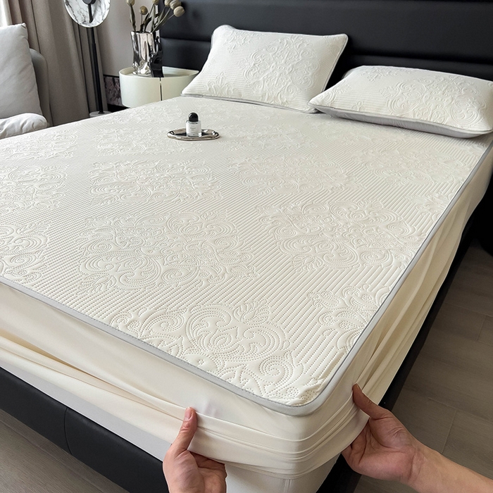 91家纺网 家纺一手货源 找家纺 乐家欣 2026新款凉感欧式夏被床笠四件套 欧式床笠-奶昔白