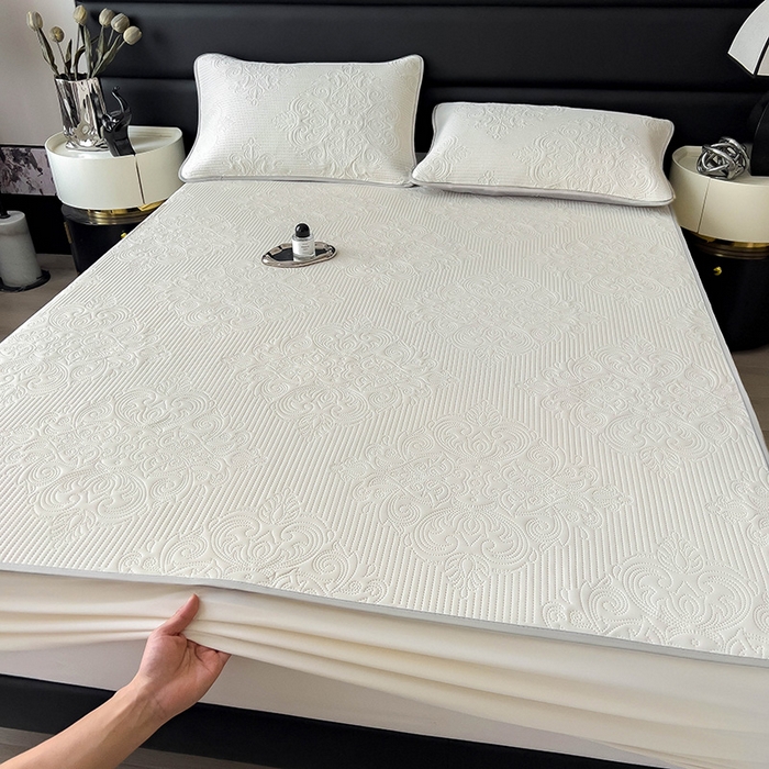 91家纺网 家纺一手货源 找家纺 乐家欣 2026新款凉感欧式夏被床笠四件套 欧式床笠-奶昔白